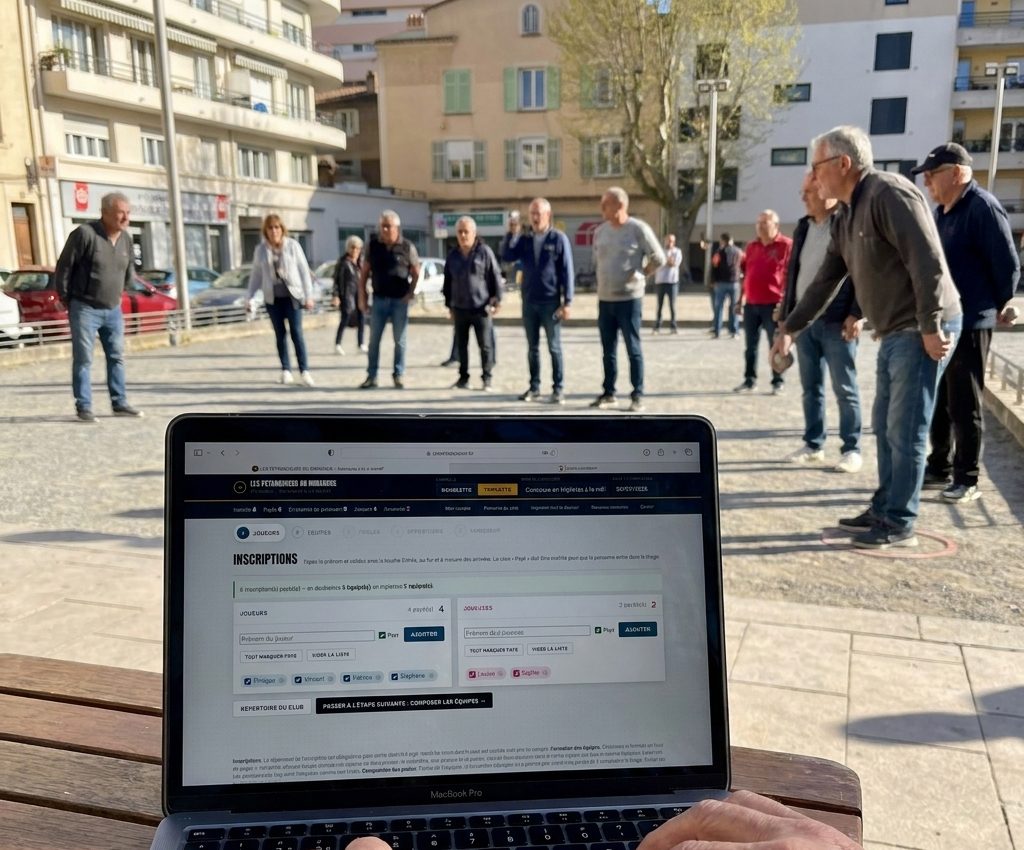 Un organisateur inscrit les joueurs sur son ordinateur au bord du terrain de pétanque